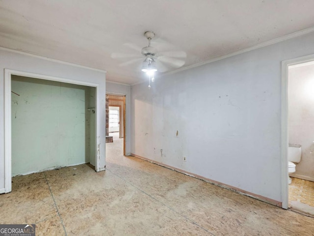 unfurnished bedroom with ensuite bathroom, ceiling fan, and ornamental molding