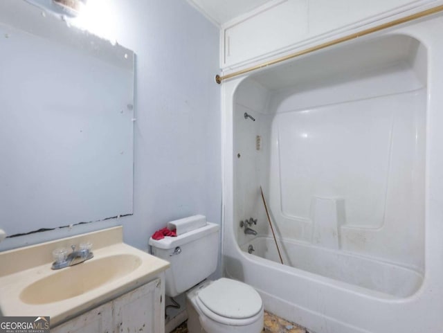 full bathroom with toilet, vanity, and tub / shower combination