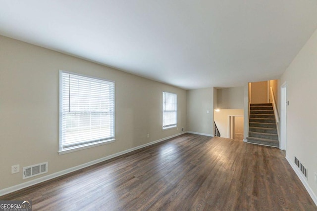 unfurnished living room with dark hardwood / wood-style flooring