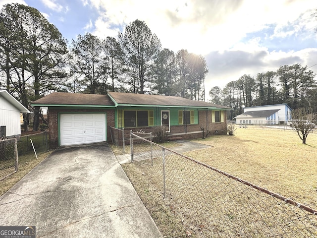 ranch-style home with a front lawn, a porch, and a garage