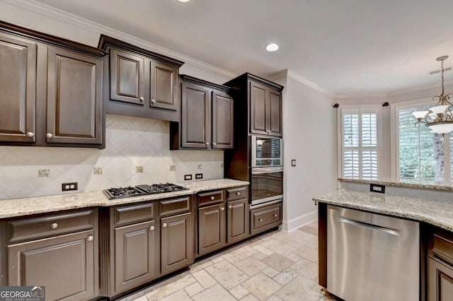 kitchen with decorative backsplash, dark brown cabinets, stainless steel appliances, and ornamental molding