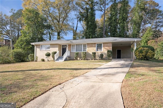 single story home with a carport and a front lawn