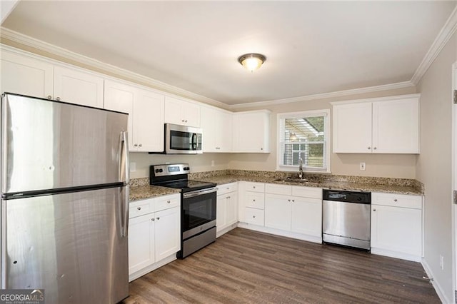 kitchen featuring stainless steel appliances, white cabinetry, dark hardwood / wood-style floors, and sink