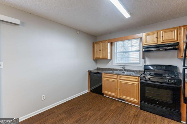 kitchen featuring dark hardwood / wood-style flooring, sink, a textured ceiling, and black appliances