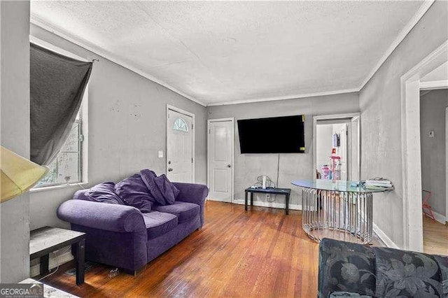 living room with hardwood / wood-style flooring, ornamental molding, and a textured ceiling