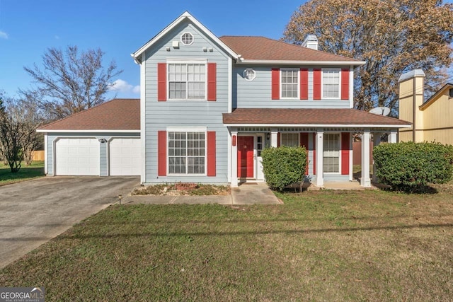 view of front of property featuring a garage and a front lawn