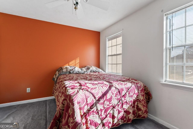 bedroom featuring carpet floors and ceiling fan