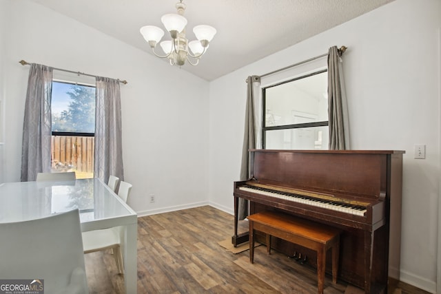 misc room with hardwood / wood-style floors, a textured ceiling, an inviting chandelier, and vaulted ceiling