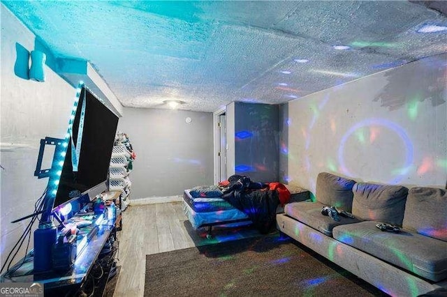 living room featuring wood-type flooring and a textured ceiling