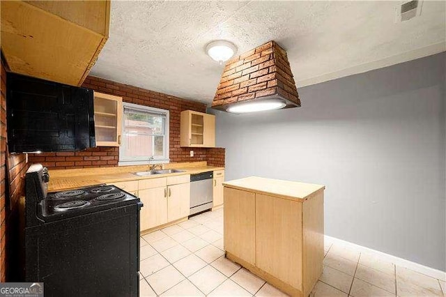 kitchen with brick wall, black range with electric cooktop, sink, dishwasher, and a kitchen island