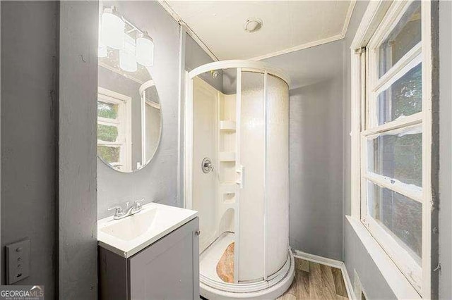 bathroom featuring a shower, vanity, ornamental molding, and hardwood / wood-style flooring