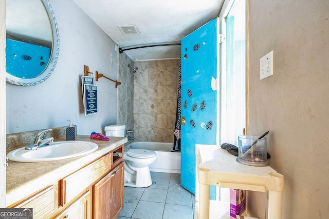 full bathroom with toilet, shower / tub combo, vanity, and tile patterned floors