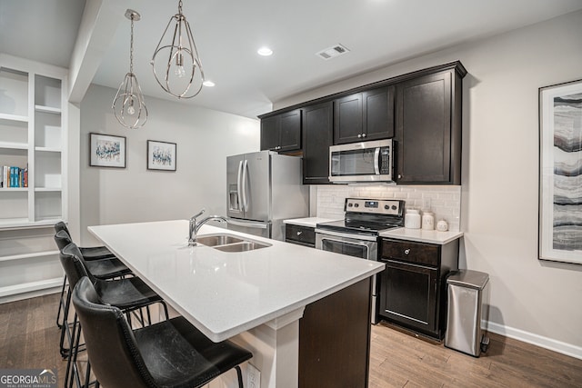 kitchen with sink, wood-type flooring, a kitchen island with sink, and appliances with stainless steel finishes