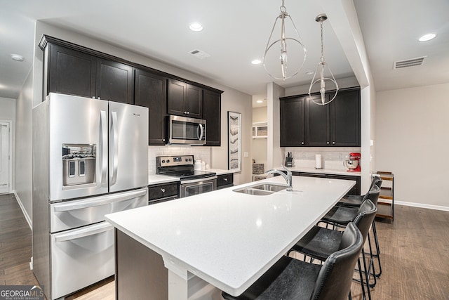 kitchen featuring a center island with sink, decorative backsplash, sink, and appliances with stainless steel finishes