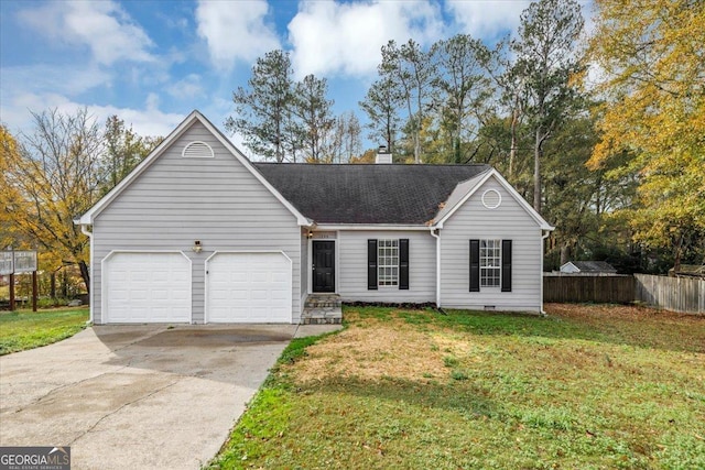 ranch-style house featuring a front lawn and a garage