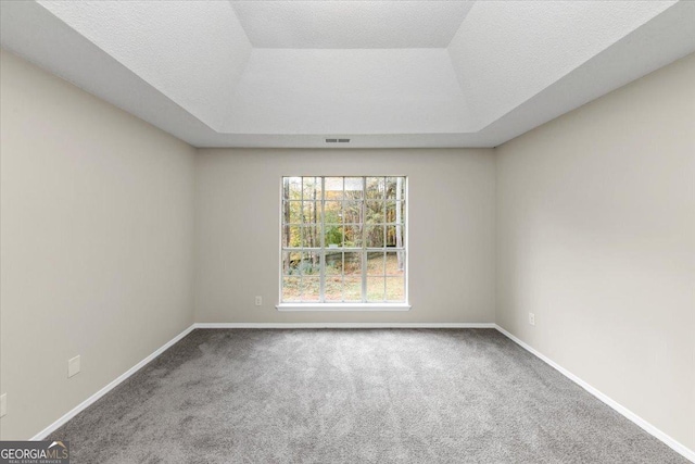 empty room with carpet flooring, a textured ceiling, and a tray ceiling