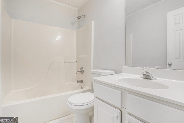 full bathroom featuring vanity, a textured ceiling, toilet, and shower / bathtub combination