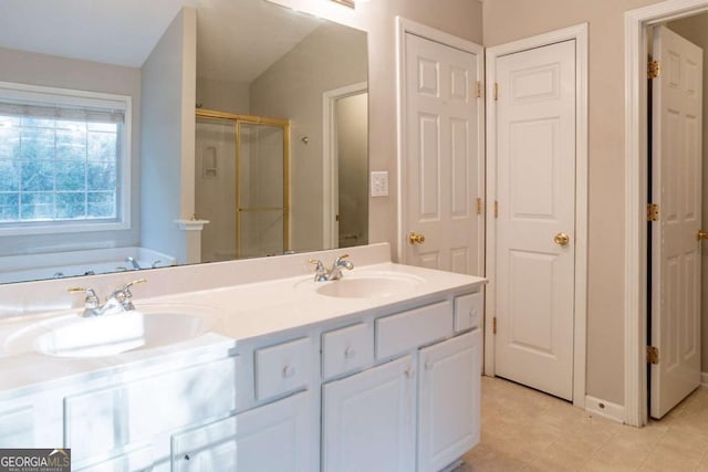 bathroom featuring tile patterned flooring, vanity, separate shower and tub, and lofted ceiling