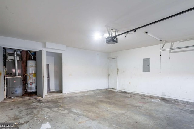 garage featuring gas water heater, a garage door opener, electric panel, and heating unit