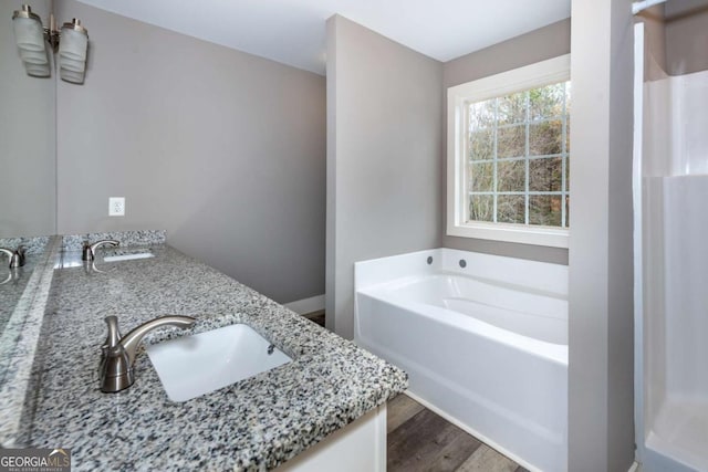 bathroom featuring hardwood / wood-style flooring, vanity, and a tub to relax in