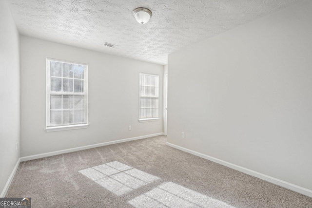 unfurnished room with carpet and a textured ceiling