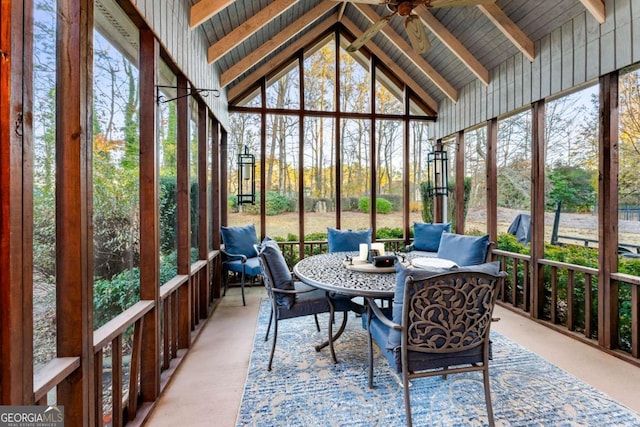 sunroom / solarium with ceiling fan and lofted ceiling with beams