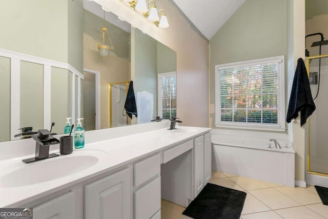 bathroom with shower with separate bathtub, vanity, high vaulted ceiling, and tile patterned floors