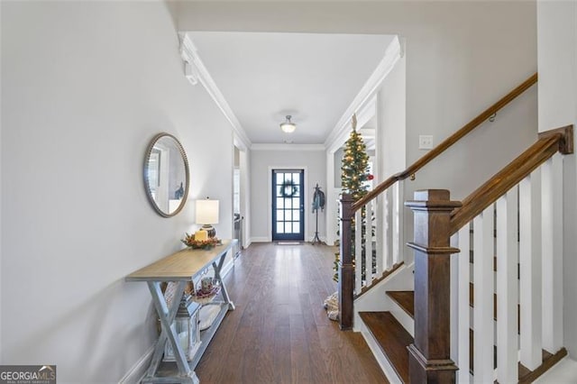 entryway featuring ornamental molding and dark wood-type flooring