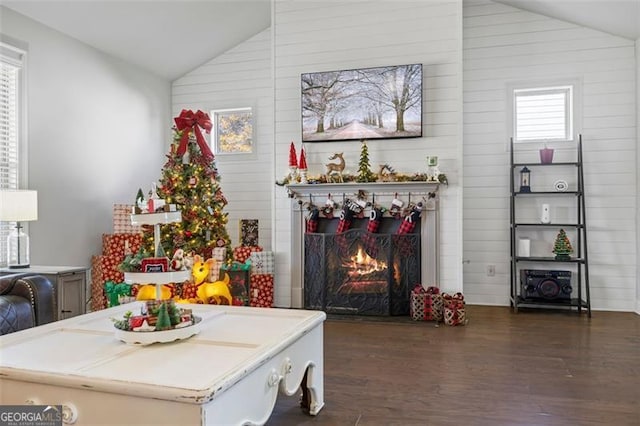 interior space with lofted ceiling, a lit fireplace, and wood finished floors