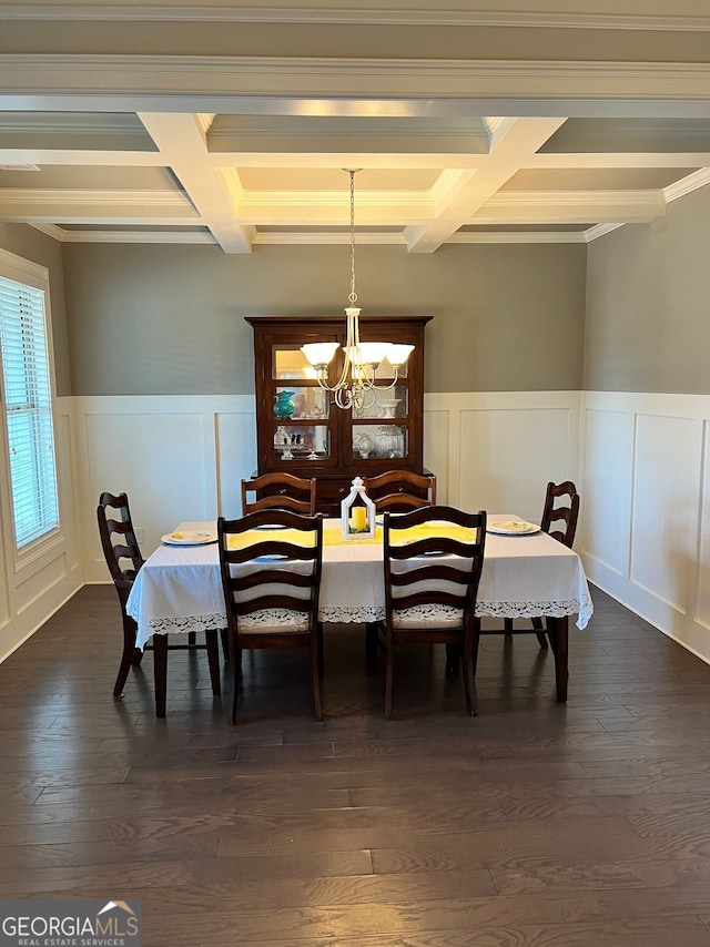 dining room featuring a wainscoted wall, dark wood finished floors, beam ceiling, and a notable chandelier