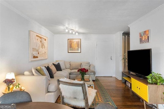 living room with rail lighting, dark hardwood / wood-style flooring, and crown molding