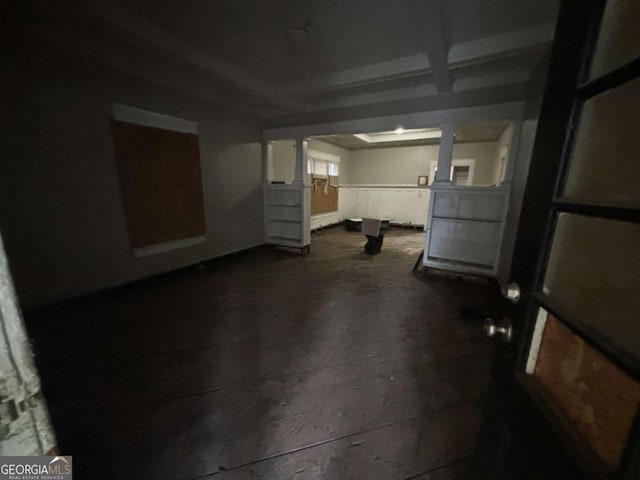 basement with dark hardwood / wood-style floors