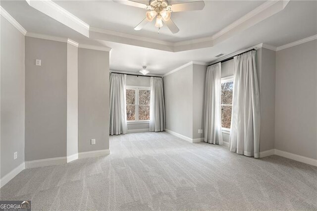 empty room featuring a tray ceiling, crown molding, and light carpet