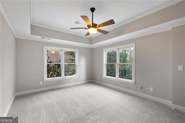 carpeted spare room with a raised ceiling, ceiling fan, and ornamental molding