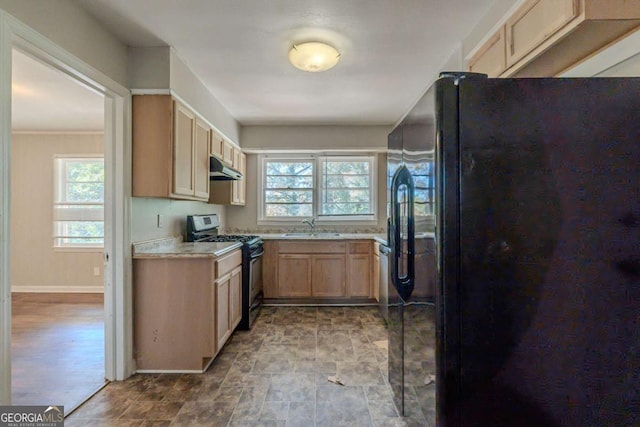 kitchen with black appliances, plenty of natural light, light brown cabinets, and sink