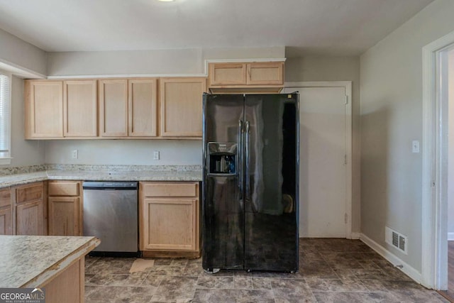 kitchen with dishwasher, black fridge with ice dispenser, and light brown cabinets