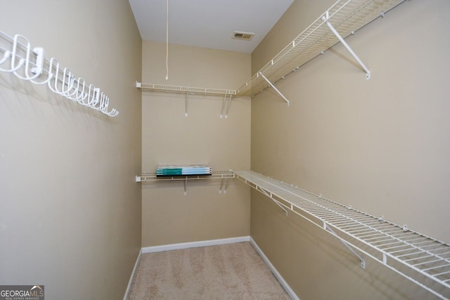 walk in closet featuring visible vents, attic access, and carpet flooring