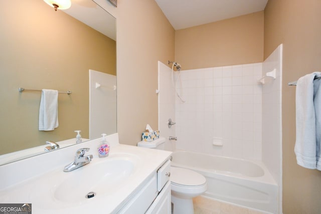 full bath featuring tub / shower combination, toilet, and vanity