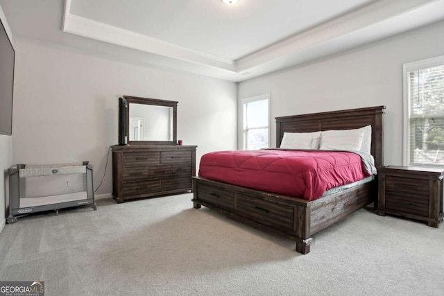 bedroom with a raised ceiling and light colored carpet