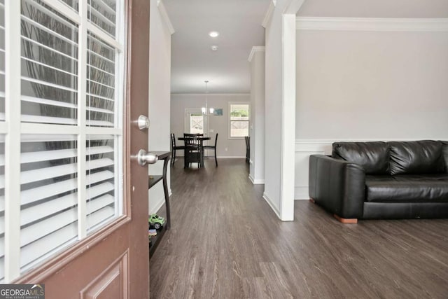 foyer entrance featuring dark hardwood / wood-style flooring, crown molding, and an inviting chandelier