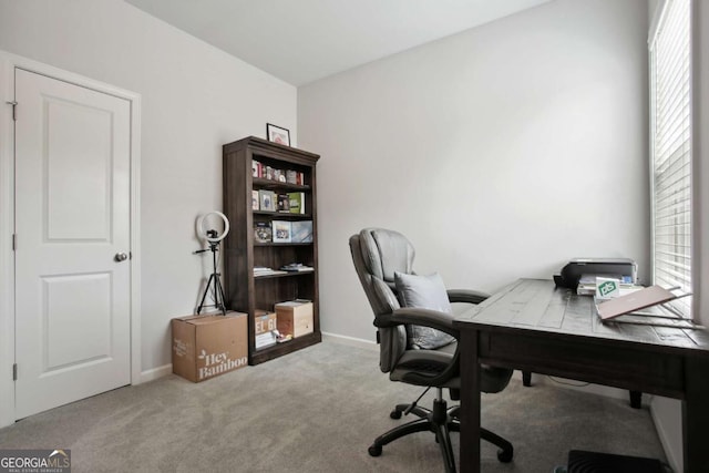 office area featuring light carpet