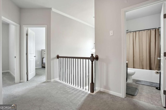 hall featuring light colored carpet and ornamental molding