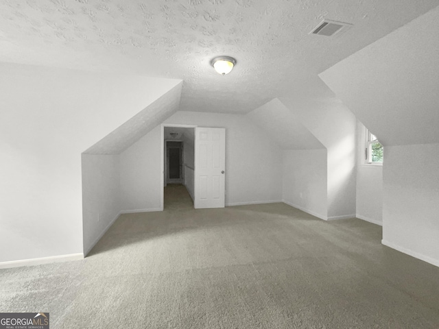 additional living space featuring carpet flooring, a textured ceiling, and lofted ceiling