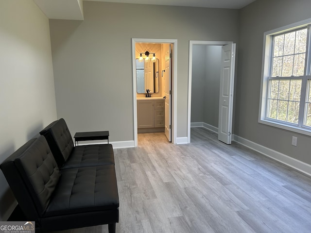 sitting room featuring light wood-type flooring and sink