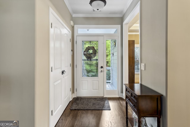 entrance foyer featuring ornamental molding and dark hardwood / wood-style floors