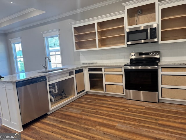 kitchen with sink, dark wood-type flooring, light stone counters, crown molding, and appliances with stainless steel finishes