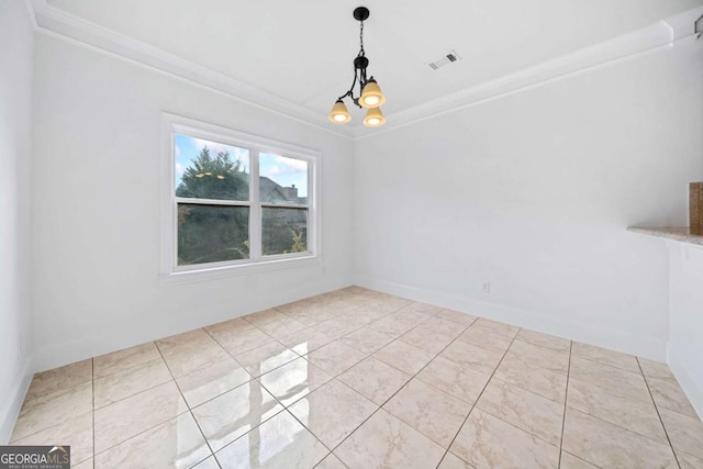 unfurnished dining area with a notable chandelier, light tile patterned flooring, and ornamental molding