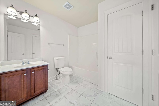 full bathroom with vanity,  shower combination, and toilet