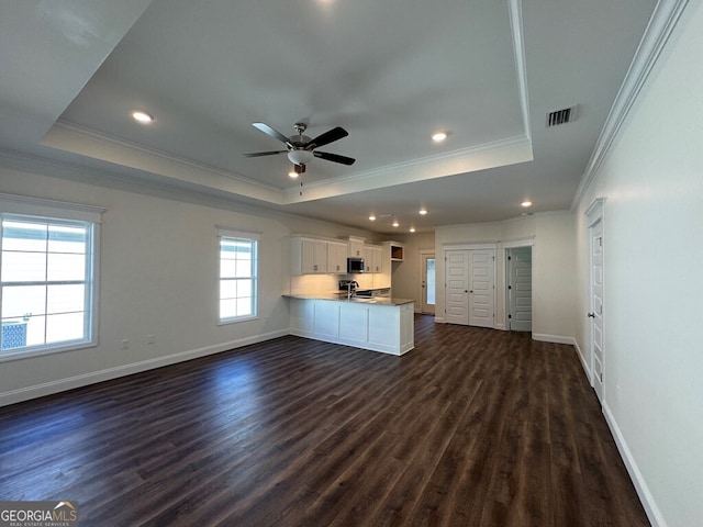 unfurnished living room with dark hardwood / wood-style floors, a raised ceiling, and a wealth of natural light