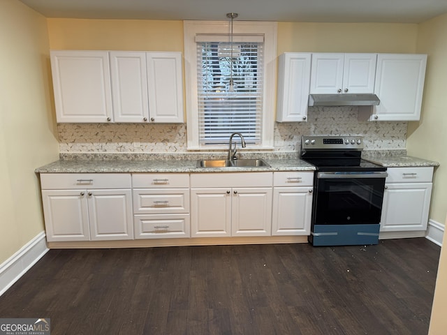 kitchen featuring stainless steel electric range, sink, hanging light fixtures, dark hardwood / wood-style flooring, and white cabinetry